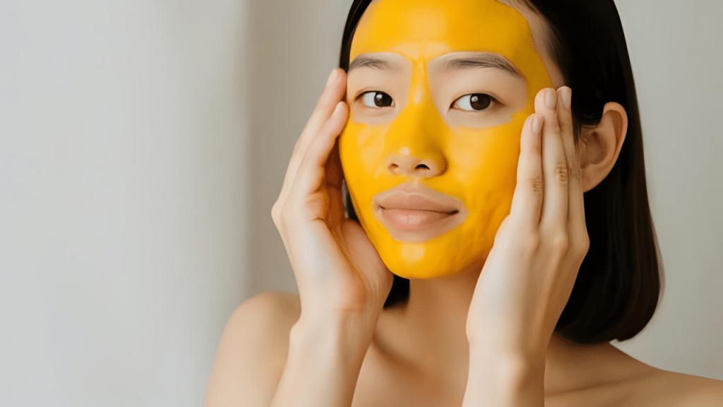 a woman putting turmeric face mask