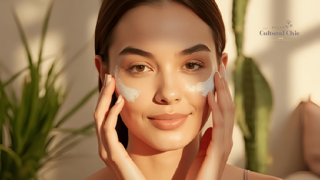 a woman putting a moisturizer
